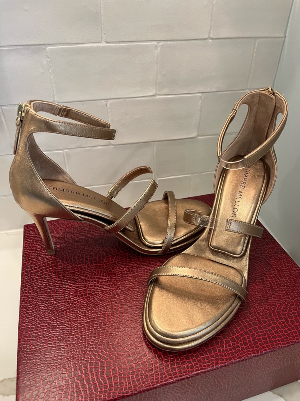 New in Box Tamara Mellon Gold/ Copper Pillow Top Frontline heel Size 7
